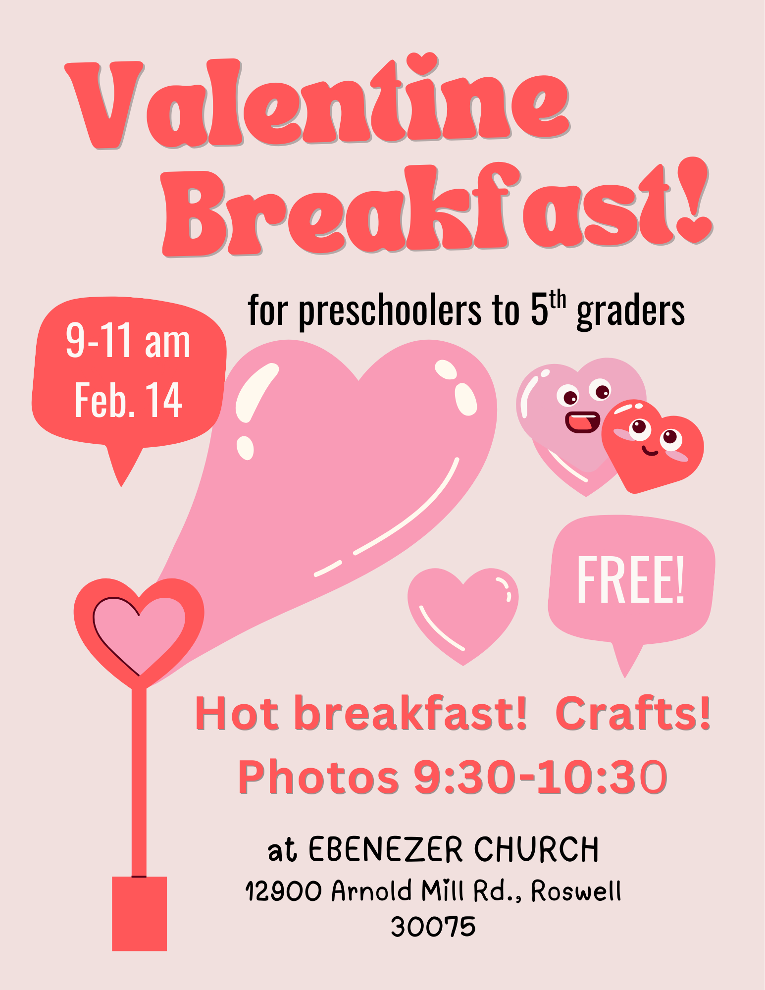 Valentine Breakfast - February 14, 9-11am for preschoolers to 5th graders